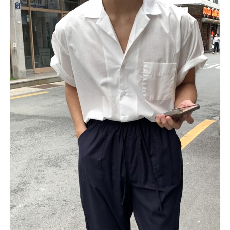 美式复古巴领宽松短袖衬衫咔叽休闲痞帅衬衣男夏909P45,男装衬衫,星座710