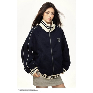 网图现货男女秋款条纹棒球服立领卫衣休闲加绒夹克外套RA1081-P75图片