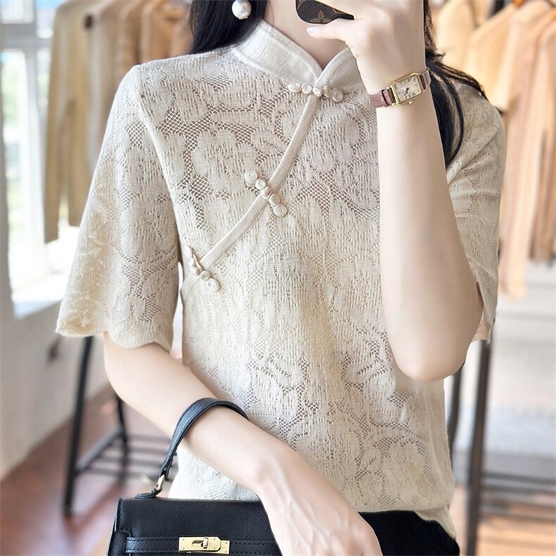 2025年夏季三个斜扣旗袍领时尚百搭短袖，女装T恤，森墨