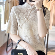 2025年夏季三个斜扣旗袍领时尚百搭短袖，女装T恤，森墨