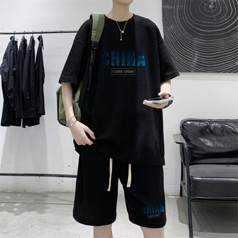 ！2024夏季男士简约字母印花男士华夫格短袖套装HTZ16P50,男装T恤,电商B220