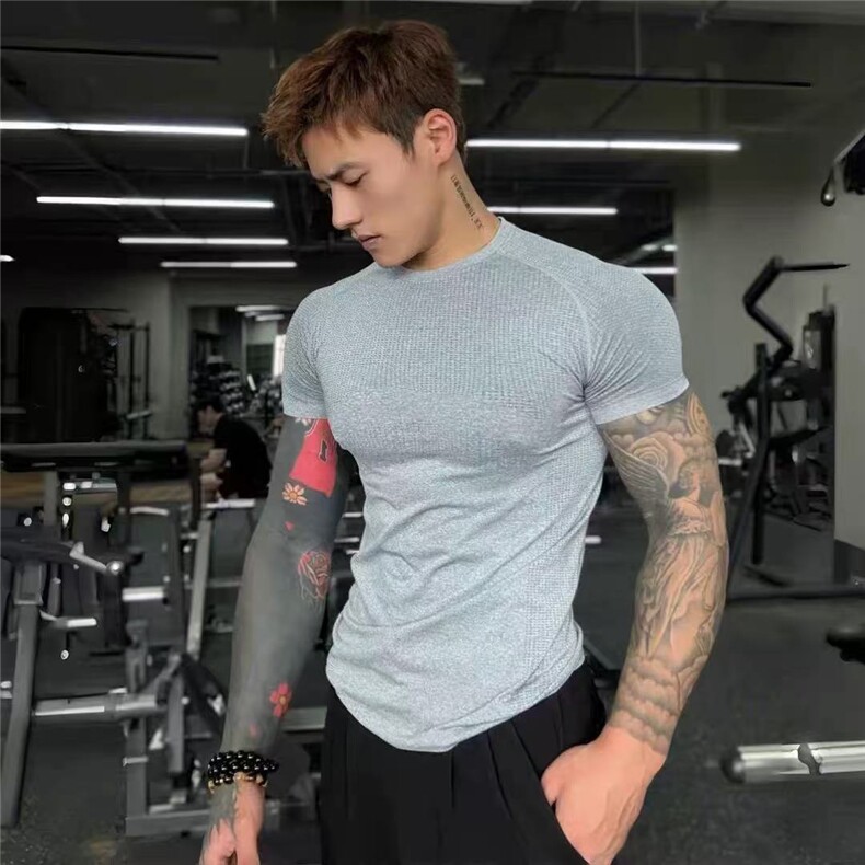 美式无缝提花运动短袖纯色速干训练健身弹力修身上衣T恤DT45P35，男装T恤，电商D256-1(原A064-1)