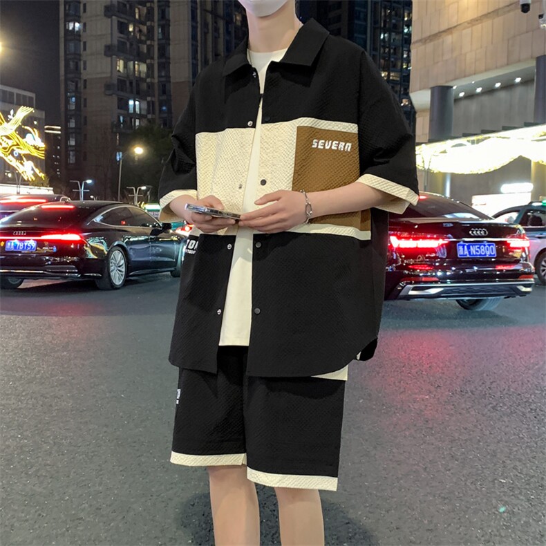 港风夏潮流印花拼接开衫宽松短袖衬衣短裤帅气套装A436-D218-P60,男装休闲套装,电商A436