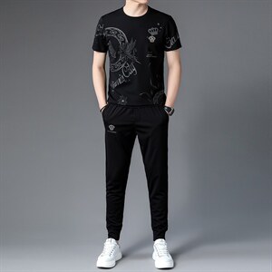 BJ9226夏季男式短袖长裤透气两件套运动休闲圆领修身t恤套装P143,男装休闲套装,电商B360