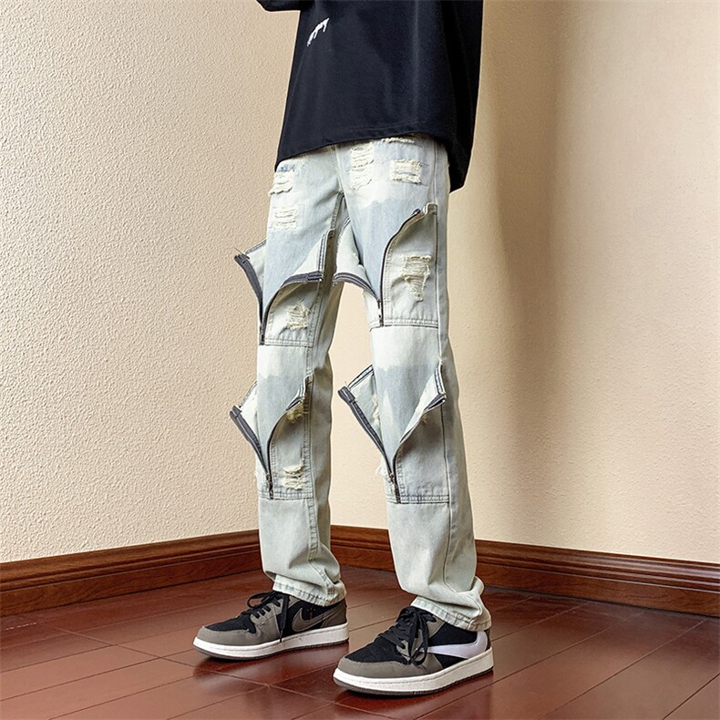 B221美式ins高街小众重工艺拉链破洞小脚牛仔裤LK23017-P65控88,男装牛仔裤,电商B221