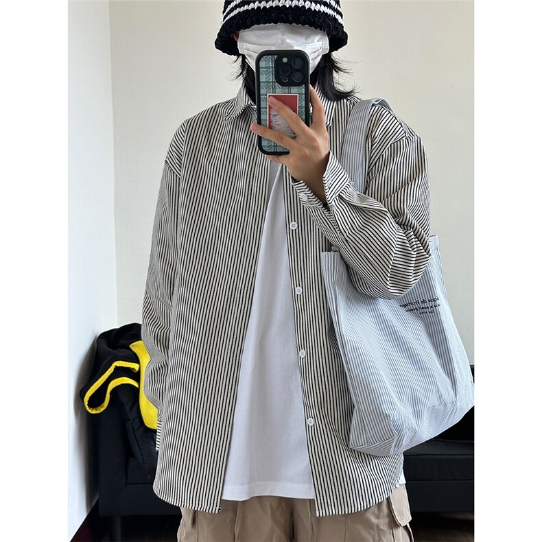 高品质牛仔条纹衬衫潮牌长袖衬衣潮流宽松休闲外套CS017-P30,男装衬衫,星座301C-5