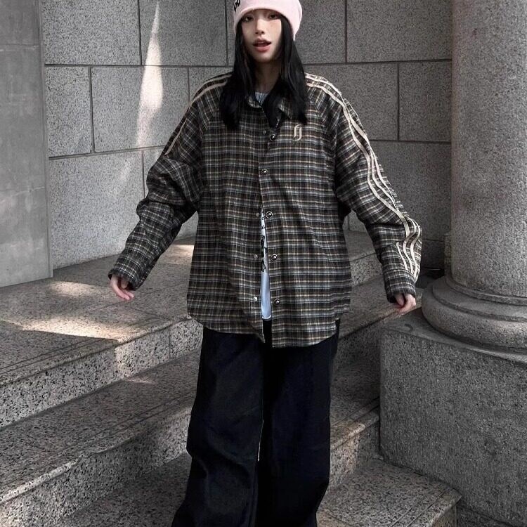 美式潮牌格子衬衫字母刺绣条纹衬衣外套宽松长袖上衣潮JKK03P55,男装衬衫,电商D256-2(原A064-2)
