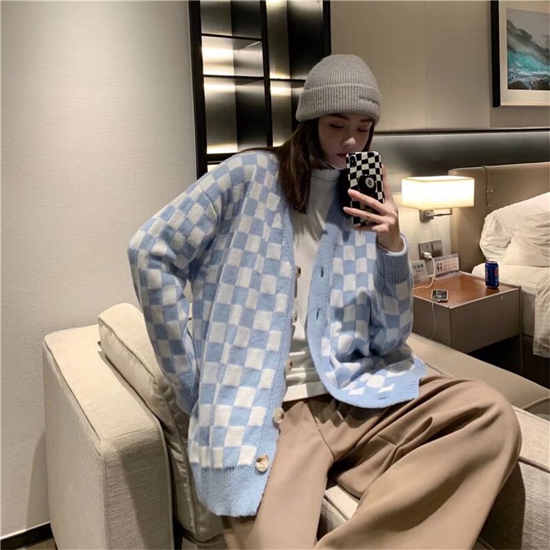 棋盘格毛衣外套春秋慵懒风V领格子针织X003P45图片