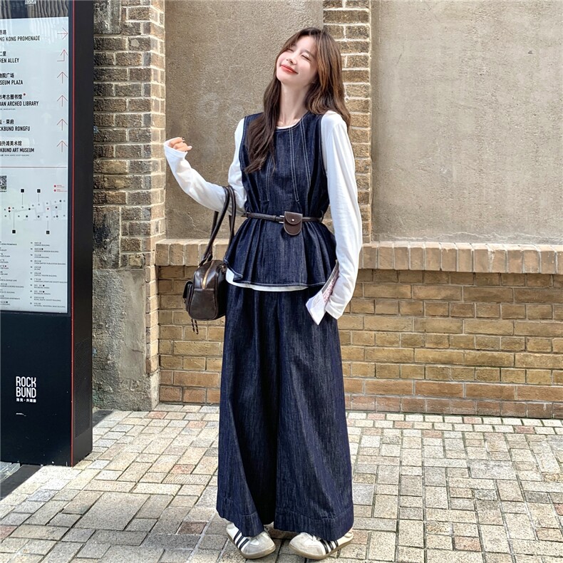 设计感时尚休闲韩版牛仔套装女春秋显瘦背心T恤阔腿裤三件套图片