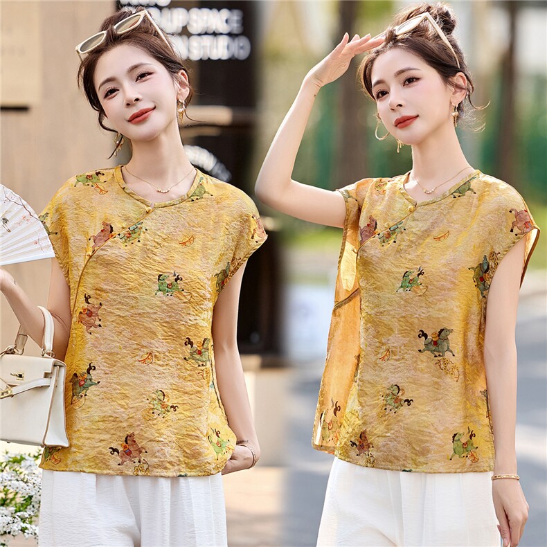 现货人丝苏锦夏季凉爽中式领丝麻女时尚潮流GAO级中古风套装，女装套装/套裙，木橙西子