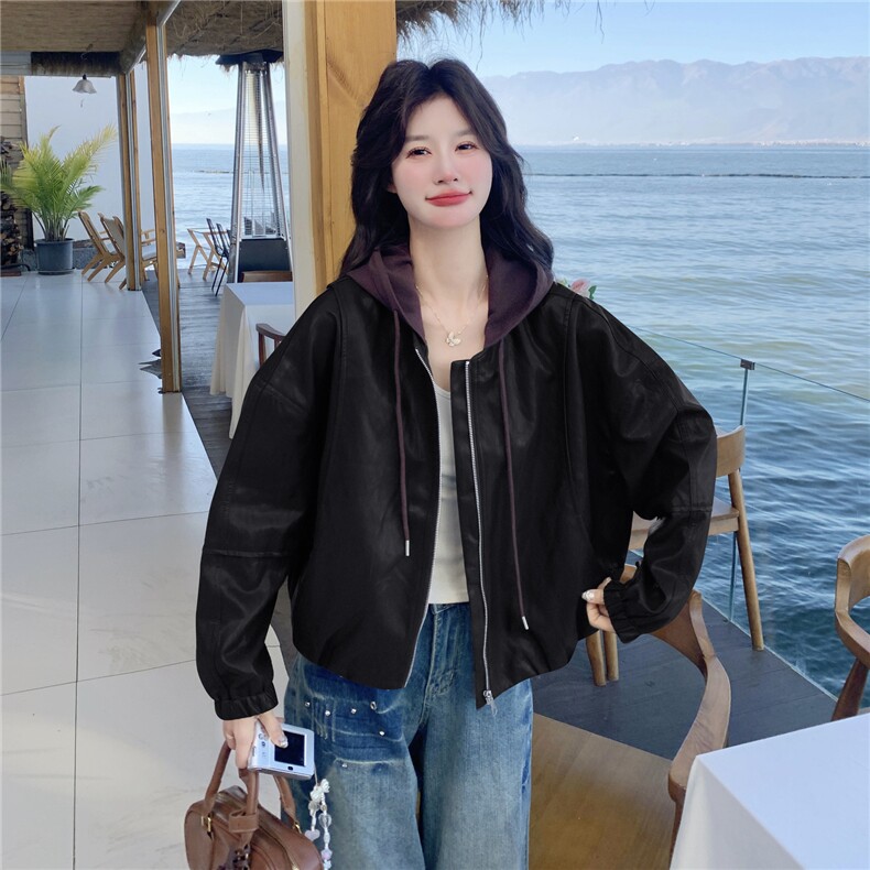 已出货春装新款~连帽皮衣外套女1楼南36-39吾爱衣-A06-P165-K298,女装皮衣,1C083