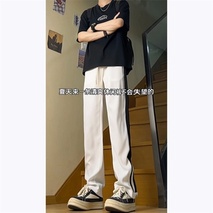 美式高街裤子男2024年春季潮牌小众冰丝直筒裤休闲拉链开叉微喇裤图片