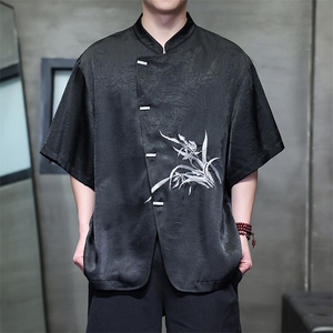 25夏季中式立领高级感缎面玉竹扣兰花刺绣短袖衬衫T2521-P65控89图片