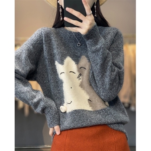 秋冬新款宽松慵懒风100%羊毛衫女时尚卡通圆领毛衣加厚羊绒打底衫图片