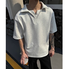 韩系设计感拼接V领假两件POLO衫轻奢风系带百搭条纹衬衫领短袖T恤，男装T恤，四季星座505