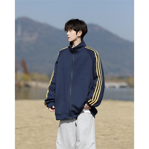 8XL-M三条杠运动卫衣特大码美式条纹立领夹克开衫外套JK5205/P65图片
