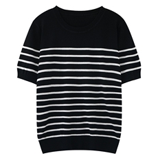 夏季薄款天丝条纹针织短袖T恤打底衫女圆领宽松休闲简约通勤上衣，女装T恤，朝思羊绒