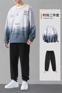 渐变卫衣男圆领长袖秋季潮流男装一套搭配帅气炸街套装DF156TP90图片
