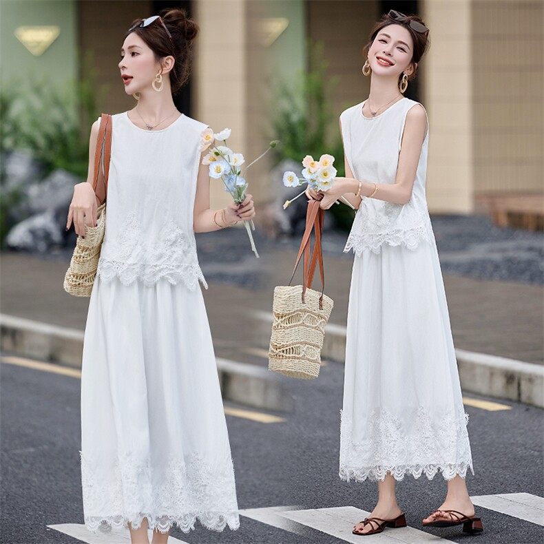 套装裙2025夏日新款绝美独特漂亮韩里韩气小香风蕾丝无袖两件套女,女装套装/套裙,韩蜜菓