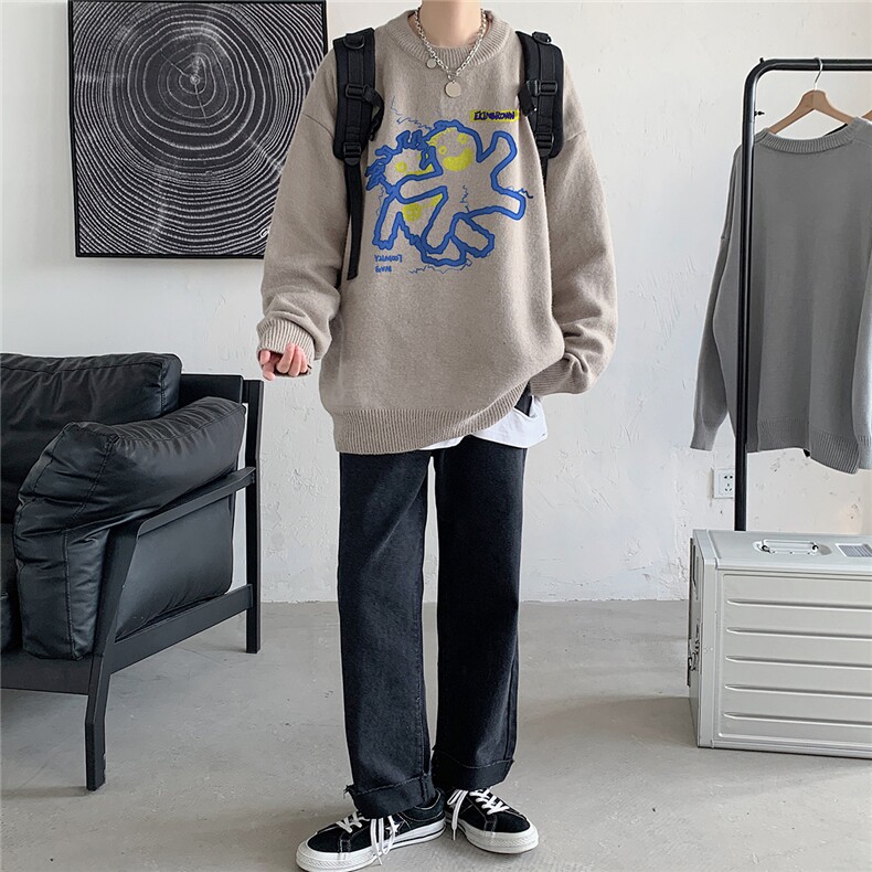 1港风新款宽松休闲中性情侣潮流印花毛衣男外套7831P48加绒P55,男装针织衫/毛衣,星座226-2