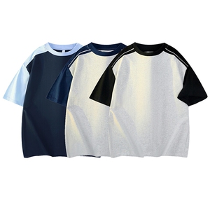 得物抖音高品质二开240克重磅纯棉美式拼接撞色宽松中性风短袖T恤图片