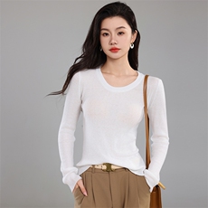 女士秋季新款修身显瘦U型领针织打底衫时尚百搭长袖毛衣，女装针织衫/毛衣，奢优羊绒