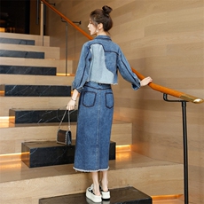 酒午港风复古春季慵懒风高腰显瘦牛仔连衣裙长袖衬衫中长款裙子女，女装套装/套裙，秋水欣儿