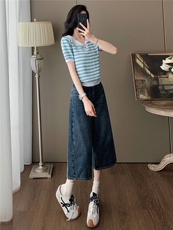 女夏新款时尚套装宽松显瘦娃娃领条纹冰丝短袖上衣牛仔中裤两件套，女装套装/套裙，江南