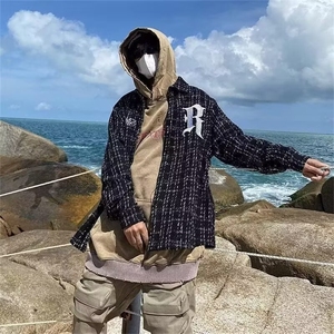 潮高街刺绣小香风格子ins长袖衬衫男女街头痞帅外套潮JK12/P52图片