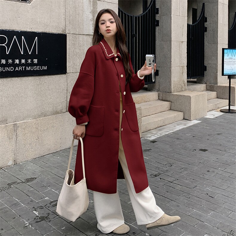 高级感双面羊毛呢子大衣女钉珠红色小香风休闲中长款韩系毛呢外套,女装双面呢大衣,丝露怡语