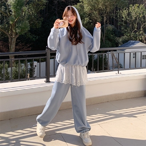 蓝色卫衣套装女连帽蕾丝拼接2025春季新款学院风减龄阔腿裤两件套图片