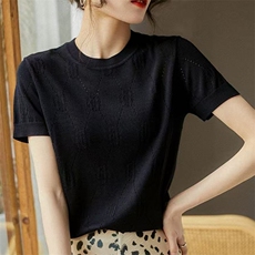 韩系新款短袖女t恤夏2025冰丝针织上衣镂空百搭夏季女士圆领上衣，女装T恤，萱芳婷羊绒