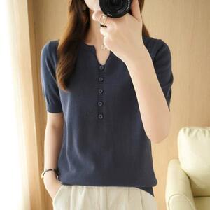夏薄新款短袖针织T恤衫女V领套头宽松半袖图片