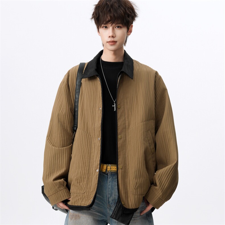 撞色假两件翻领夹克男2026春季宽松复古休闲外套潮J2606P85控118,男装夹克,电商A157