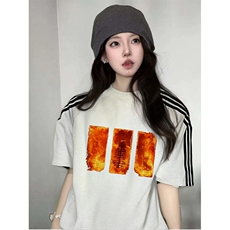 抖音得物品质二开240克宽松纯棉美式潮牌印花三条杠中性风短袖T恤，男装T恤，电商A486