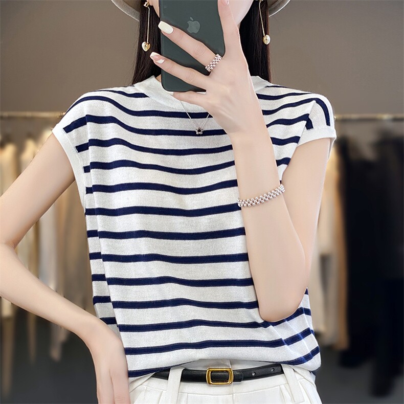 60支精纺羊毛针织短袖女半高圆领条纹无袖背心夏薄款冰丝落肩T恤，女装背心吊带，丹芙娇羊绒