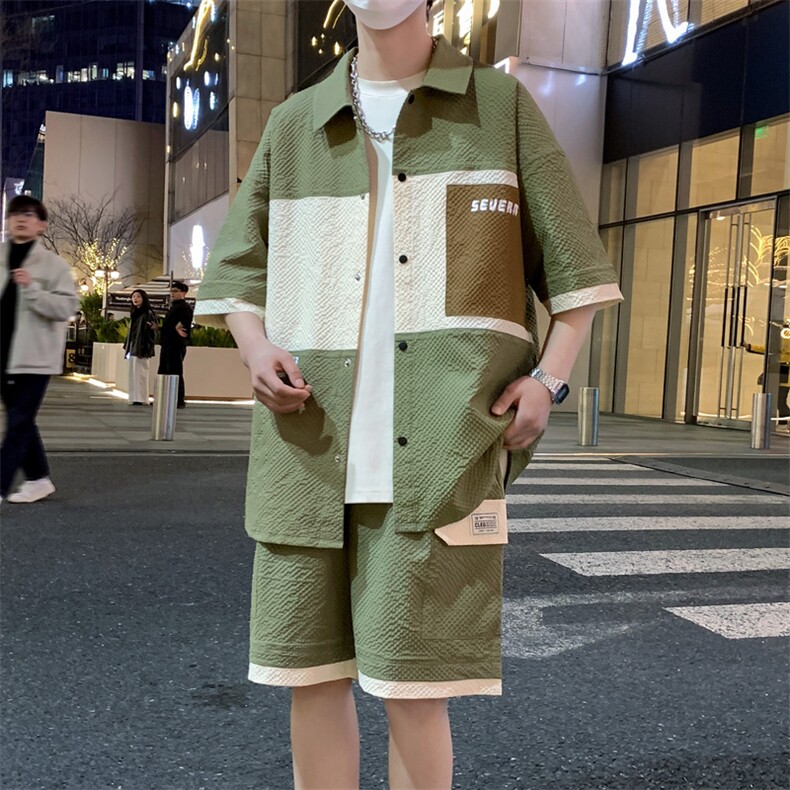 港风夏潮流印花拼接开衫宽松短袖衬衣短裤帅气套装A436-D218-P60，男装休闲套装，电商A436