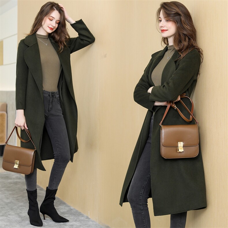 时尚百搭简约个性翻领双面羊毛呢大衣带腰带显瘦外套，女装毛呢外套，阿舍尔精品