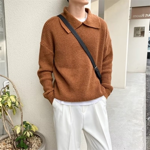 华夫格毛衣男宽松秋冬季打底针织衫韩版潮流领翻领线衣外套 B30图片