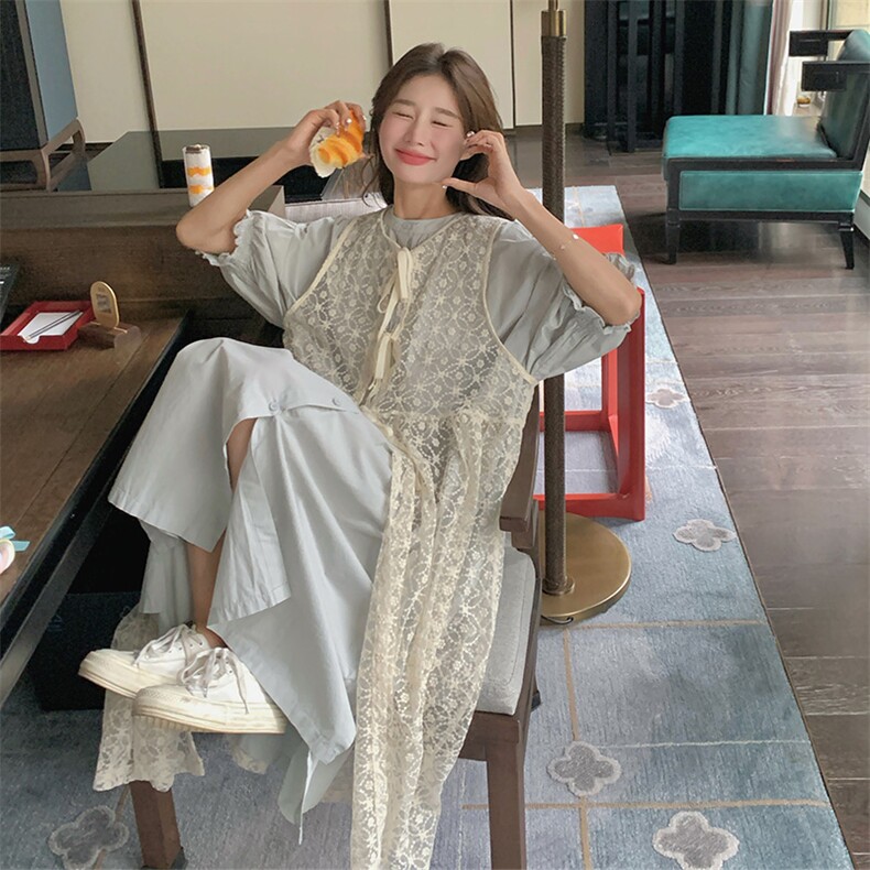 法式蕾丝镂空罩衫连衣裙女2025夏季新款减龄洋气漂亮裙图片