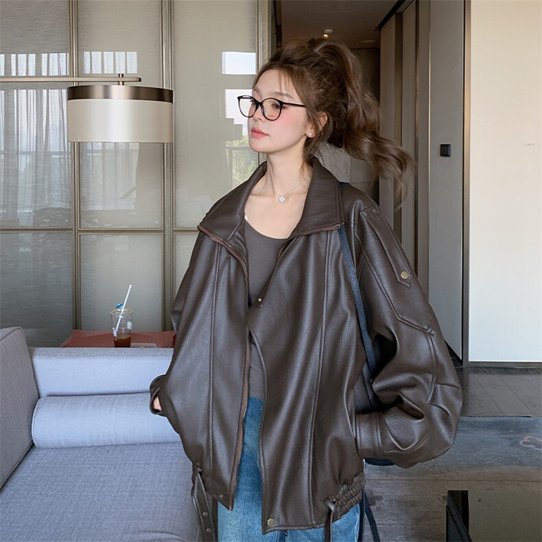 美式棕色短款机车服外套女春秋2025超火好看高级小众皮衣夹克上衣,女装短外套,2C269