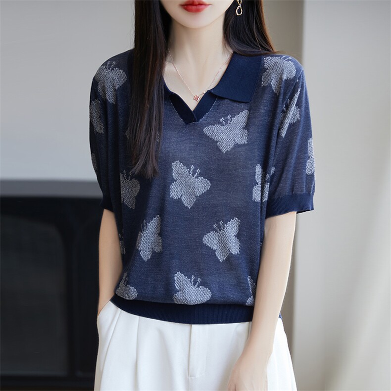 高级感莱赛尔针织POLO领提花短袖T恤女2025夏薄透气减龄小衫上衣,针织衫/毛衣,唐诺
