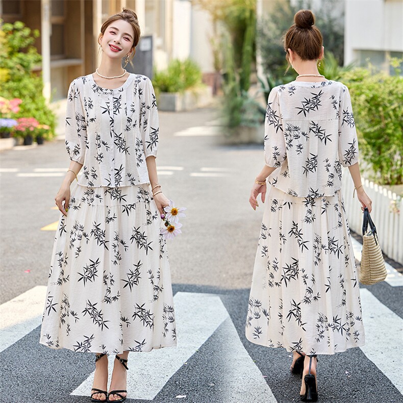 时尚休闲套装2025夏季新款女装印花宽松上衣半裙两件套裙LB2801,女装套装/套裙,罗得堡