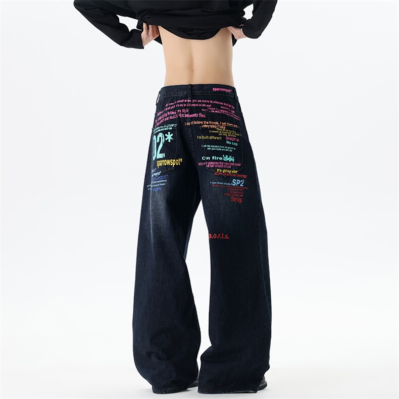 【现货】XZ1218BKN9048特价P54美式复古彩色字母标语阔腿牛仔裤，男装牛仔裤，星座1218（原611-3）
