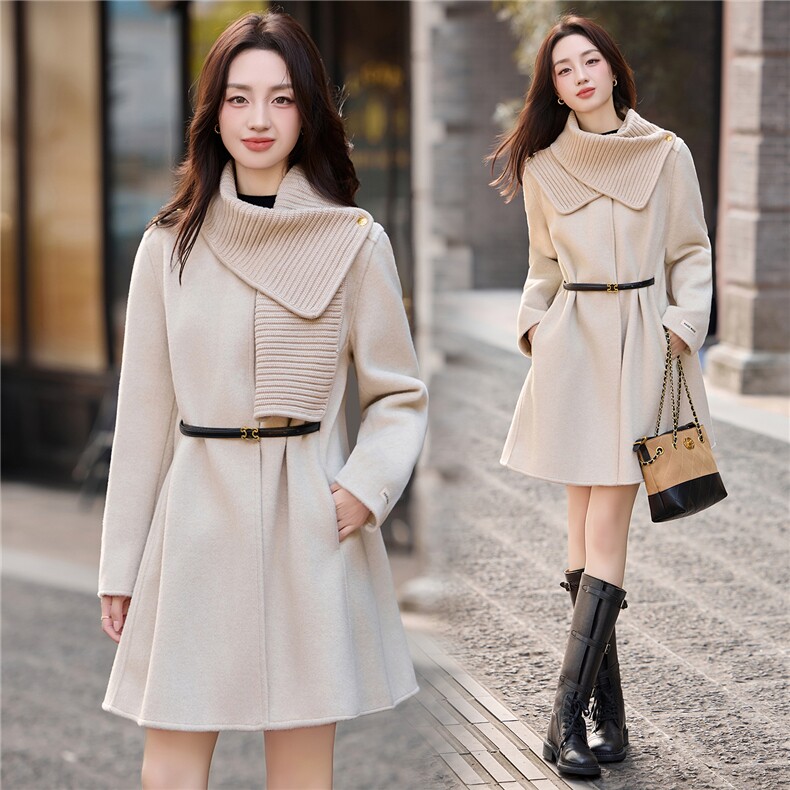 双面羊毛大衣女2025秋冬新款小香风围巾赫本风气质显瘦毛呢外套潮，女装双面呢大衣，丽美静依