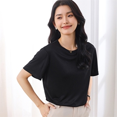 2025夏季新款醋酸缎面圆领套头短袖女士纯色简约气质丝滑透气T恤，女装T恤，伊绒腾羊绒