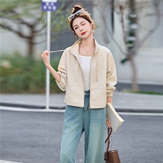 高端欧货春季新款高级感时尚抽绳立领外套宽松休闲夹克衫上衣女，女装皮衣，江南女神