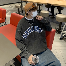美式复古圆领卫衣男春秋潮牌水洗做旧长袖上衣ins潮宽松情侣外套，男装卫衣，星座1501-1