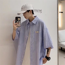 港风条纹五分短袖衬衫男夏季韩版ins上衣服潮流宽松情侣衬衣外套，男装T恤，星座506A