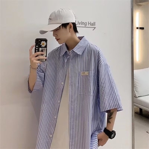 港风条纹五分短袖衬衫男夏季韩版ins上衣服潮流宽松情侣衬衣外套图片